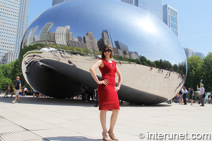 women in crochet dress women-in-front-of-Cloud-Gate-in-red-crochet-dress
